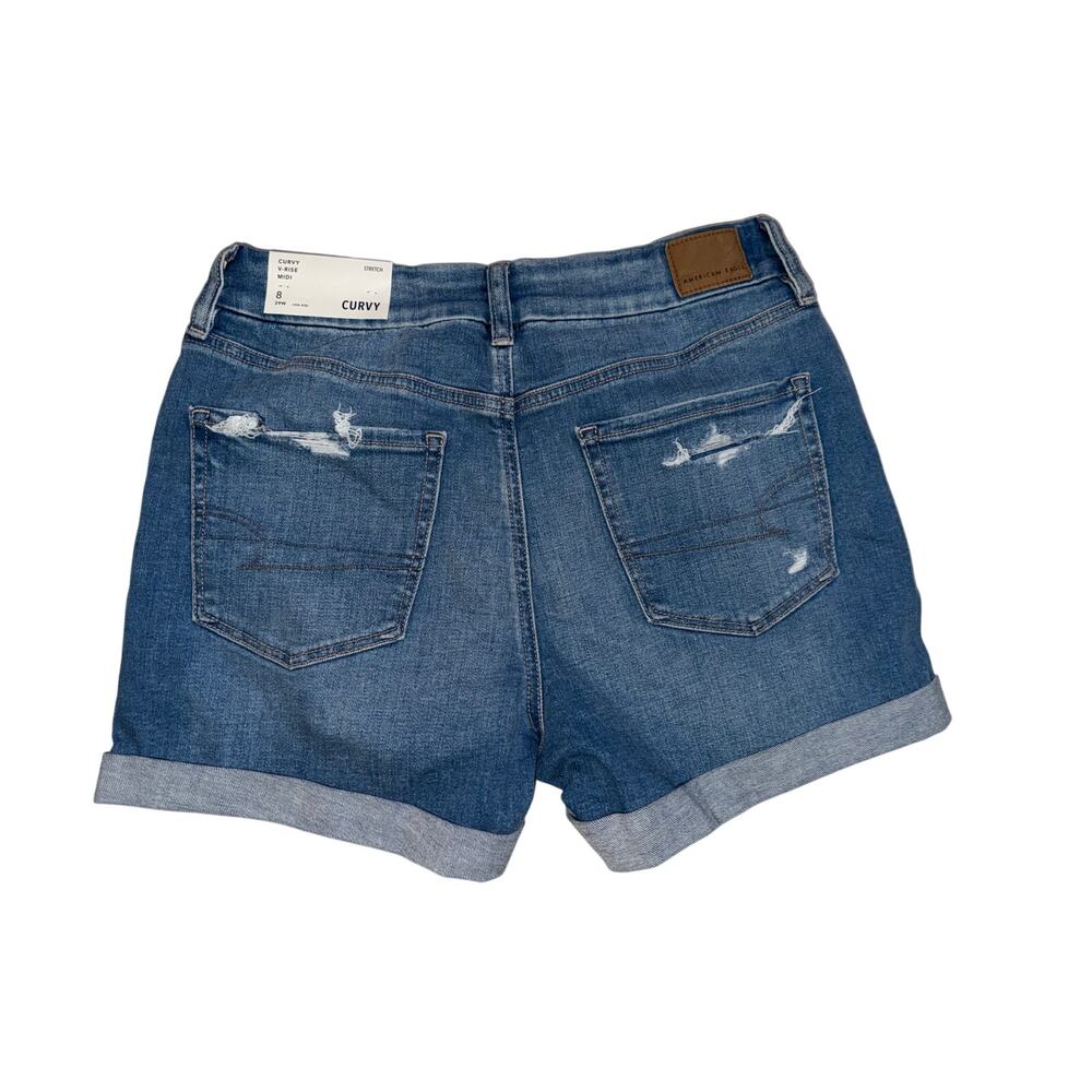 American Eagle women’s new stretch curvy v-rise midi blue jeans shorts - Picture 2 of 16